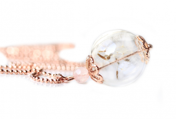 Roségoldfarbene Kugel Kette - Pusteblume in Glaskugel mit Rosenquarz / Geschenk für Sie / wünsch dir was / Glück Kette / beste Freundin